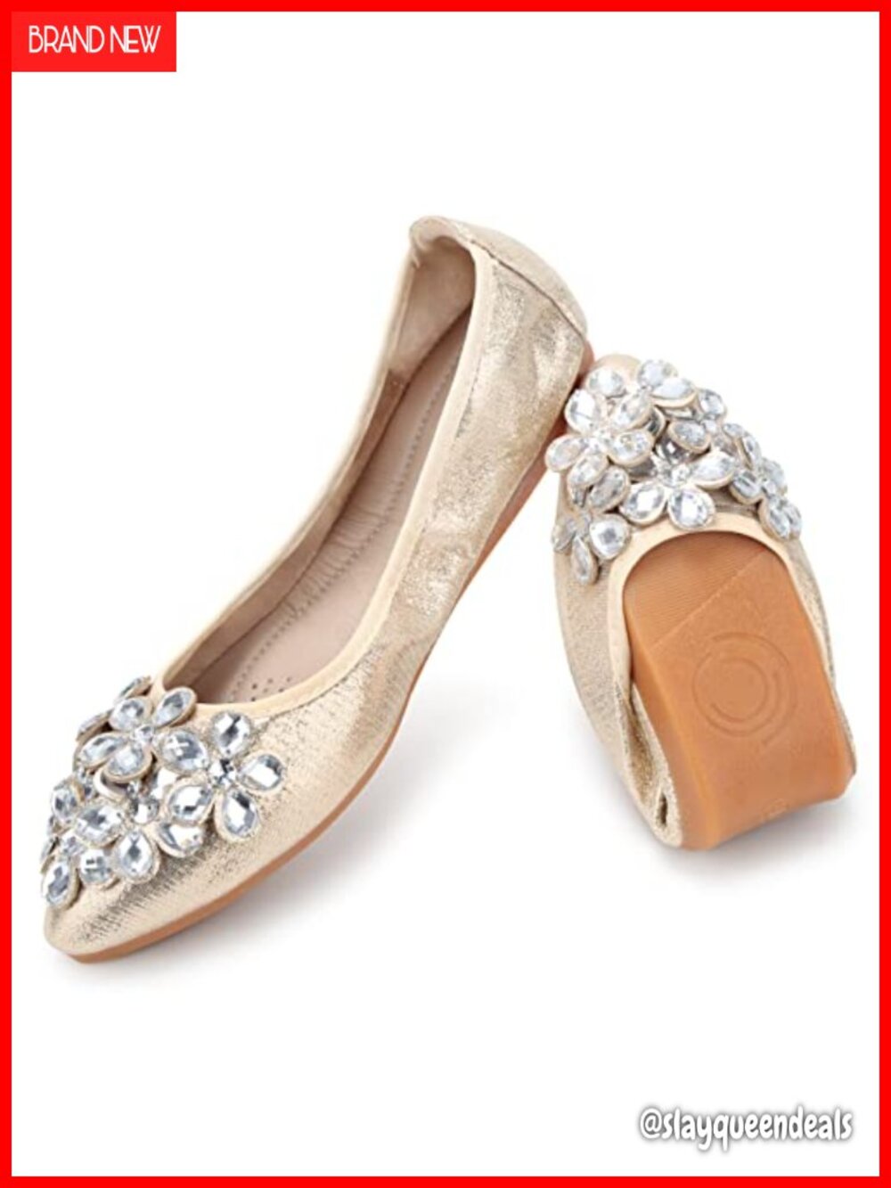 Ballet Flats Rhinestone Pointed Toe Foldable Slip On Comfort Wedding Dress Shoes